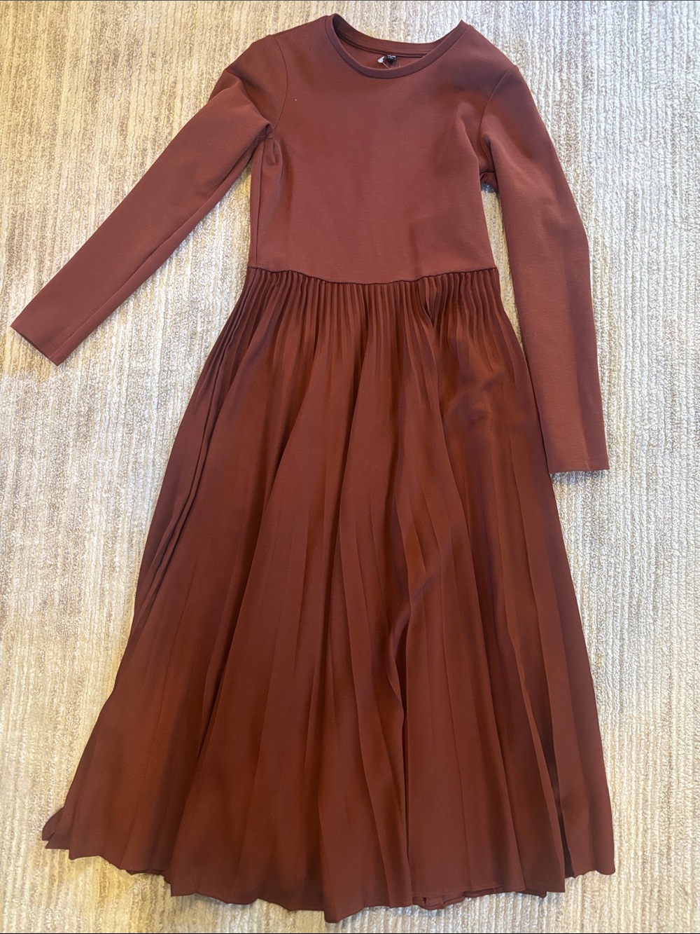 Long Sleeve Pleated Maxi Dress in Deep Burgundy